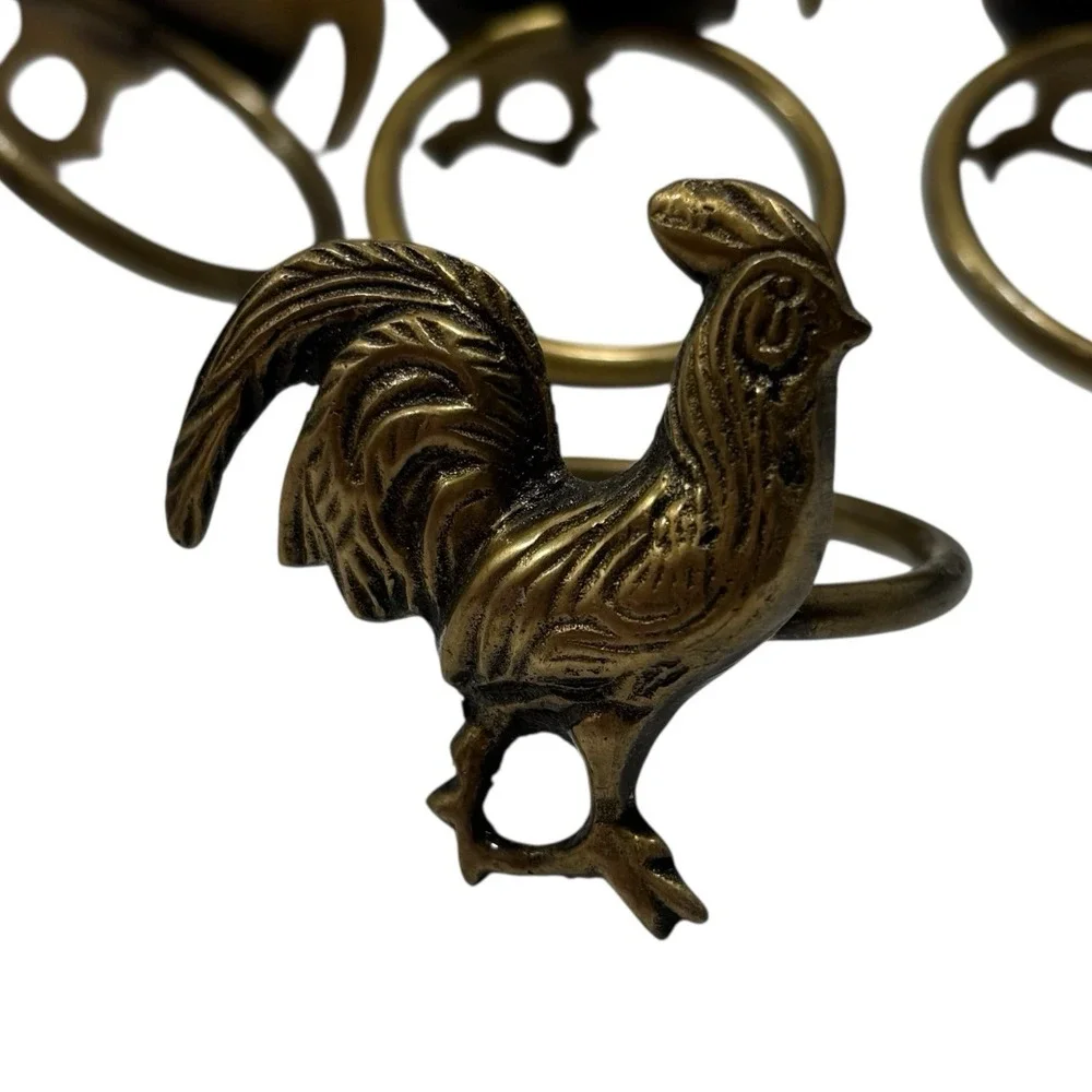 4 Vintage Brass Rooster Design Napkin Rings Farm Bird Chicken Decor‎